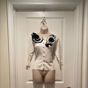 White House Black Market White Cardigan with Black Floral Accents Sz SMALL